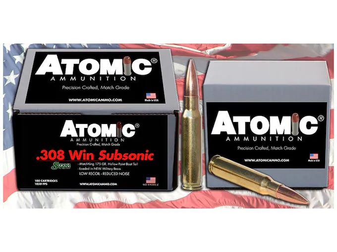 Atomic Ammunition Match Subsonic 308 Winchester Ammo 175 Grain Sierra MatchKing Jacketed Hollow Point Box of 100 For Sale Atomic Ammunition Match Subsonic 308 Winchester Ammo 175 Grain Sierra MatchKing Jacketed Hollow Point Box of 100 For Sale - Suppressors - Glock Auto Switches