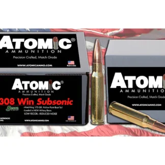 Atomic Ammunition Match Subsonic 308 Winchester Ammo 175 Grain Sierra MatchKing Jacketed Hollow Point Box of 100 Atomic Ammunition Match Subsonic 308 Winchester Ammo 175 Grain Sierra MatchKing Jacketed Hollow Point Box of 100 - Colored Switches - Glock Auto Switches